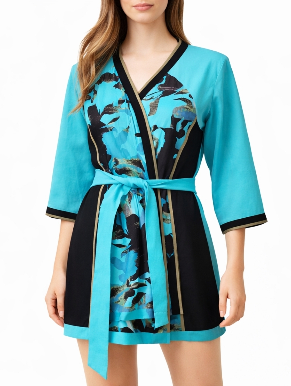 Turquoise & Black Floral-Panel Kimono Cardigan with Tie